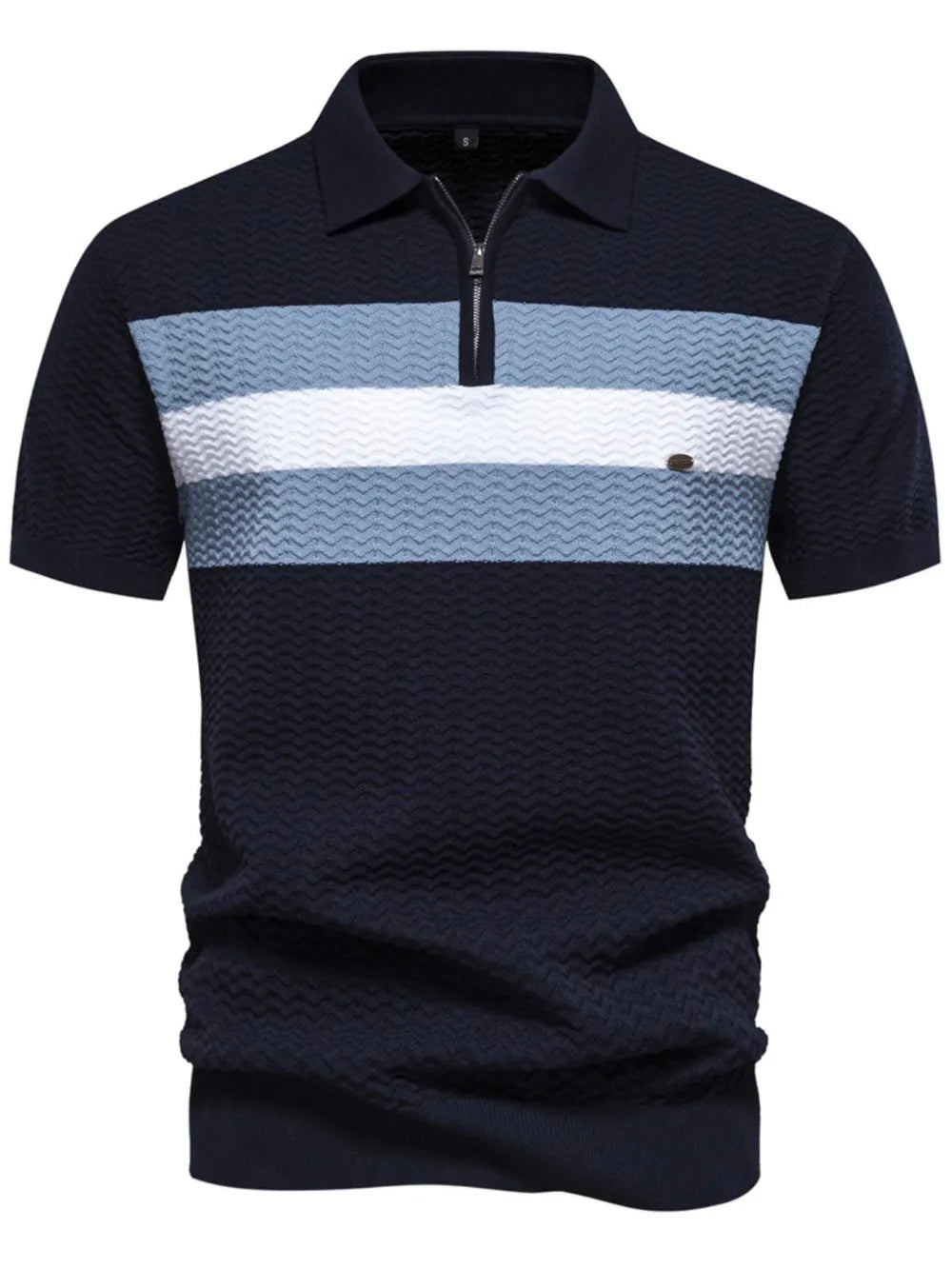 Men's Collared Neck Striped Texture Knit Polo Shirt - Dark Navy