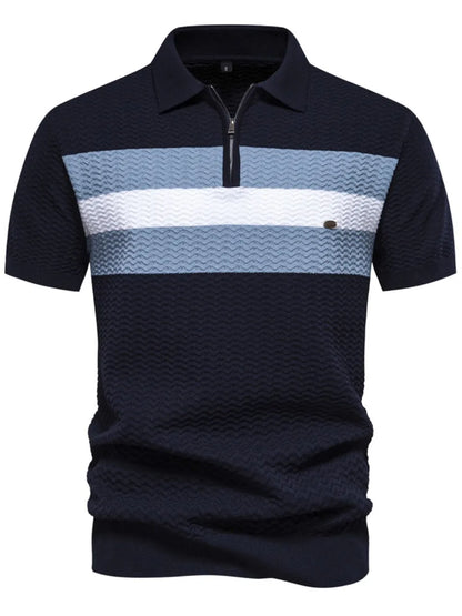 Men's Collared Neck Striped Texture Knit Polo Shirt - Dark Navy