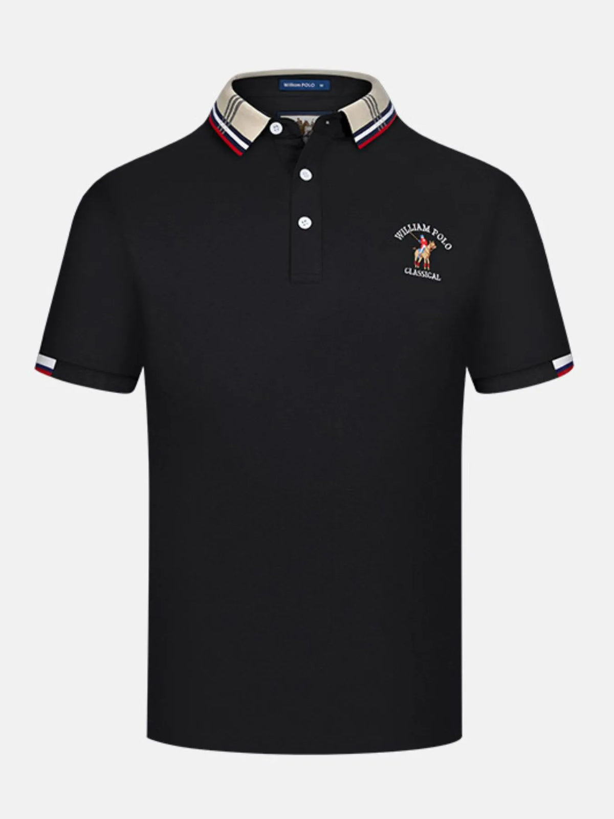 Men's Striped Collared Short Sleeve Embroidered Polo Shirt - Black