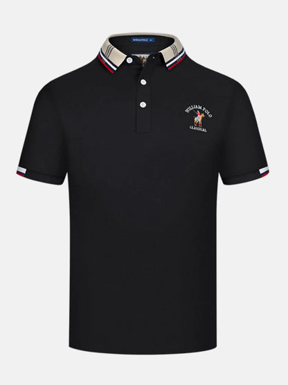 Men's Striped Collared Short Sleeve Embroidered Polo Shirt - Black