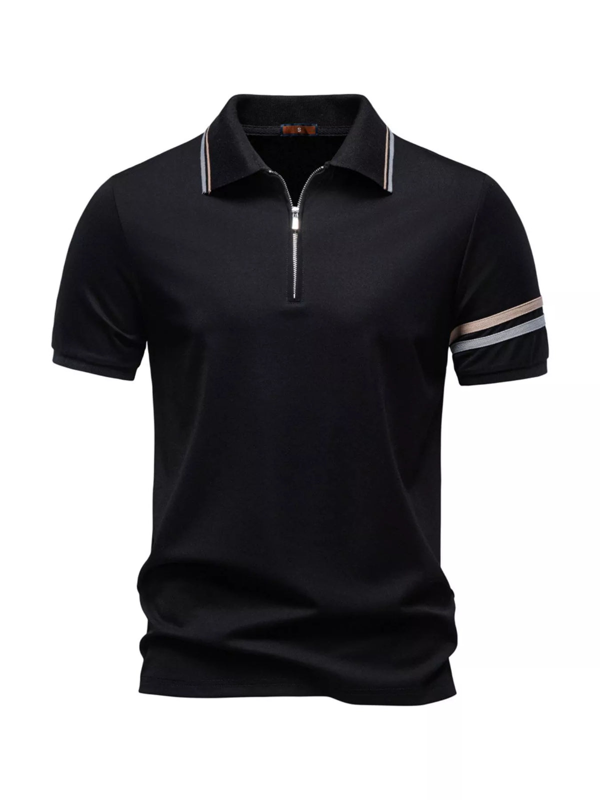 Men's Zippered Collar Polo with Stripe Detail - White