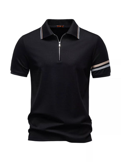Men's Zippered Collar Polo with Stripe Detail - White