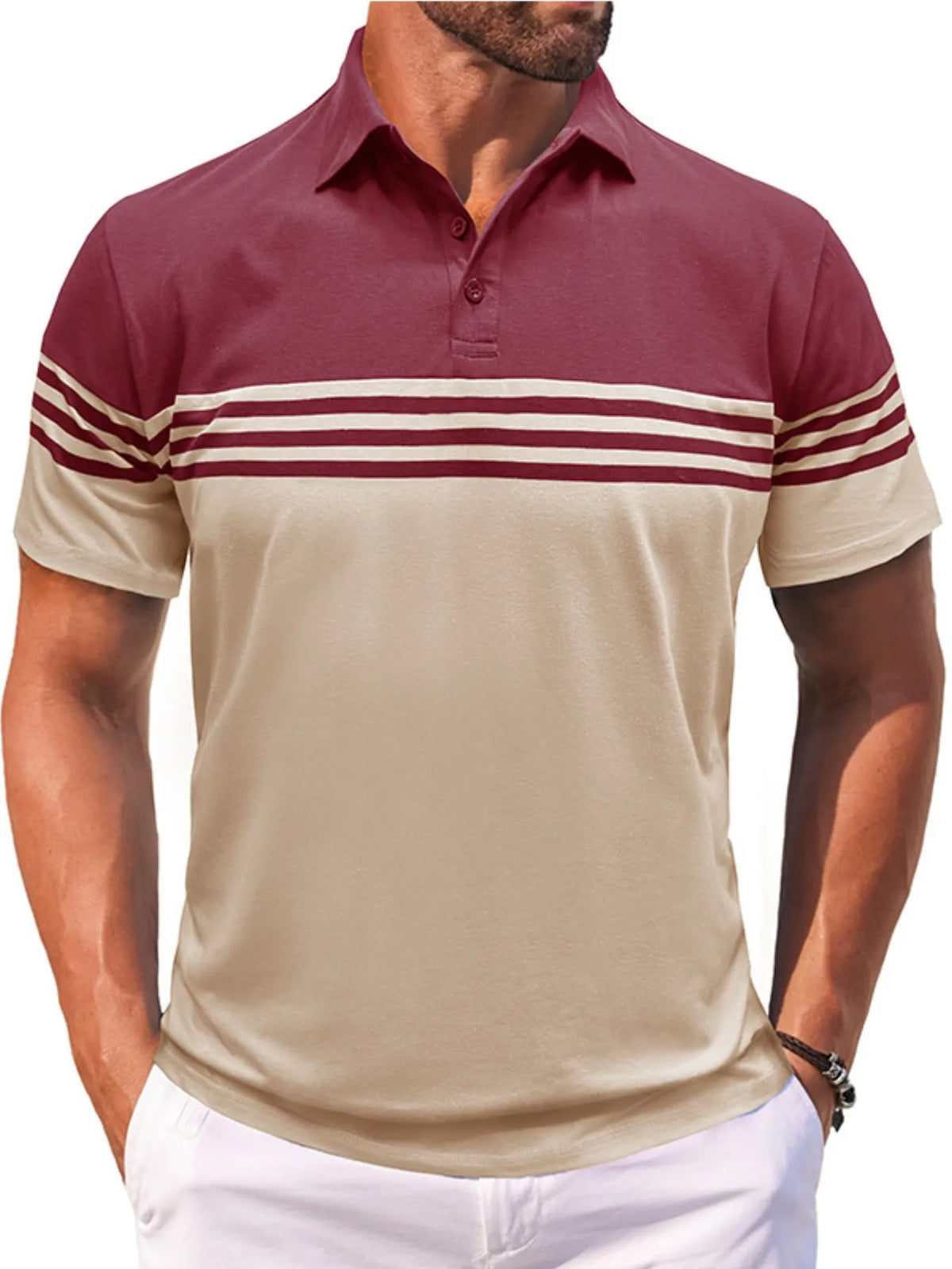 Men's Color Block Striped Polo Shirt - Navy