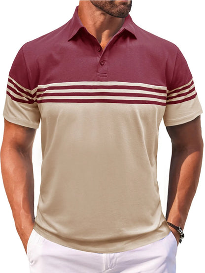 Men's Color Block Striped Polo Shirt - Navy