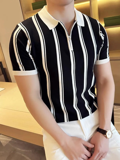 Men's Classic Striped Zip Collar Polo Shirt - Black