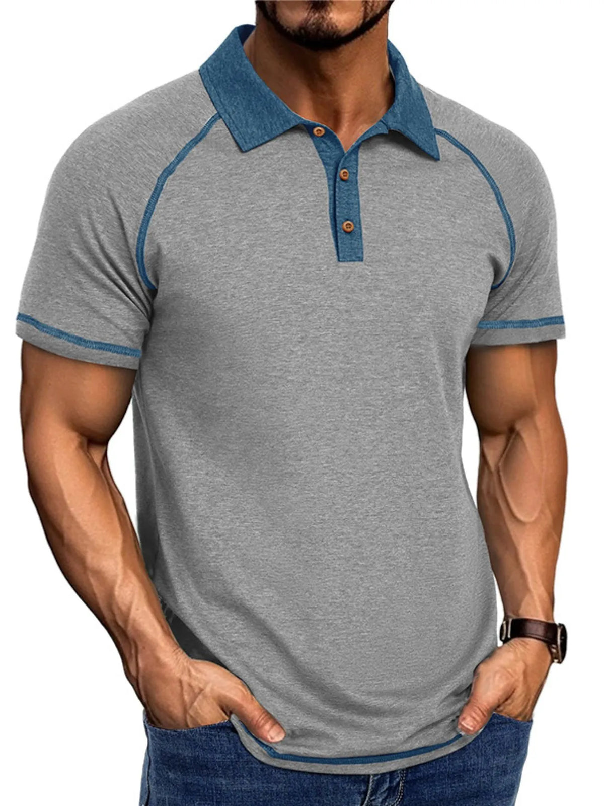 Men's Contrast Collar Short Sleeve Polo Shirt - Dark Gray