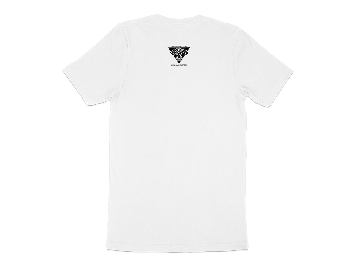 White t-shirt with black triangular logo and "WEAR YOUR PURPOSE" text.