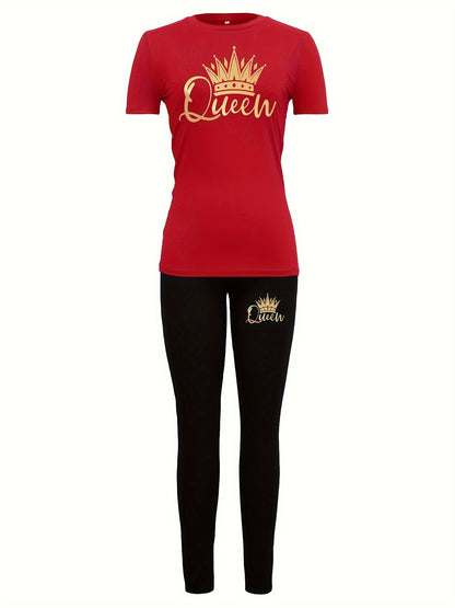 Two-Piece Crown “Queen” Print Set for Women