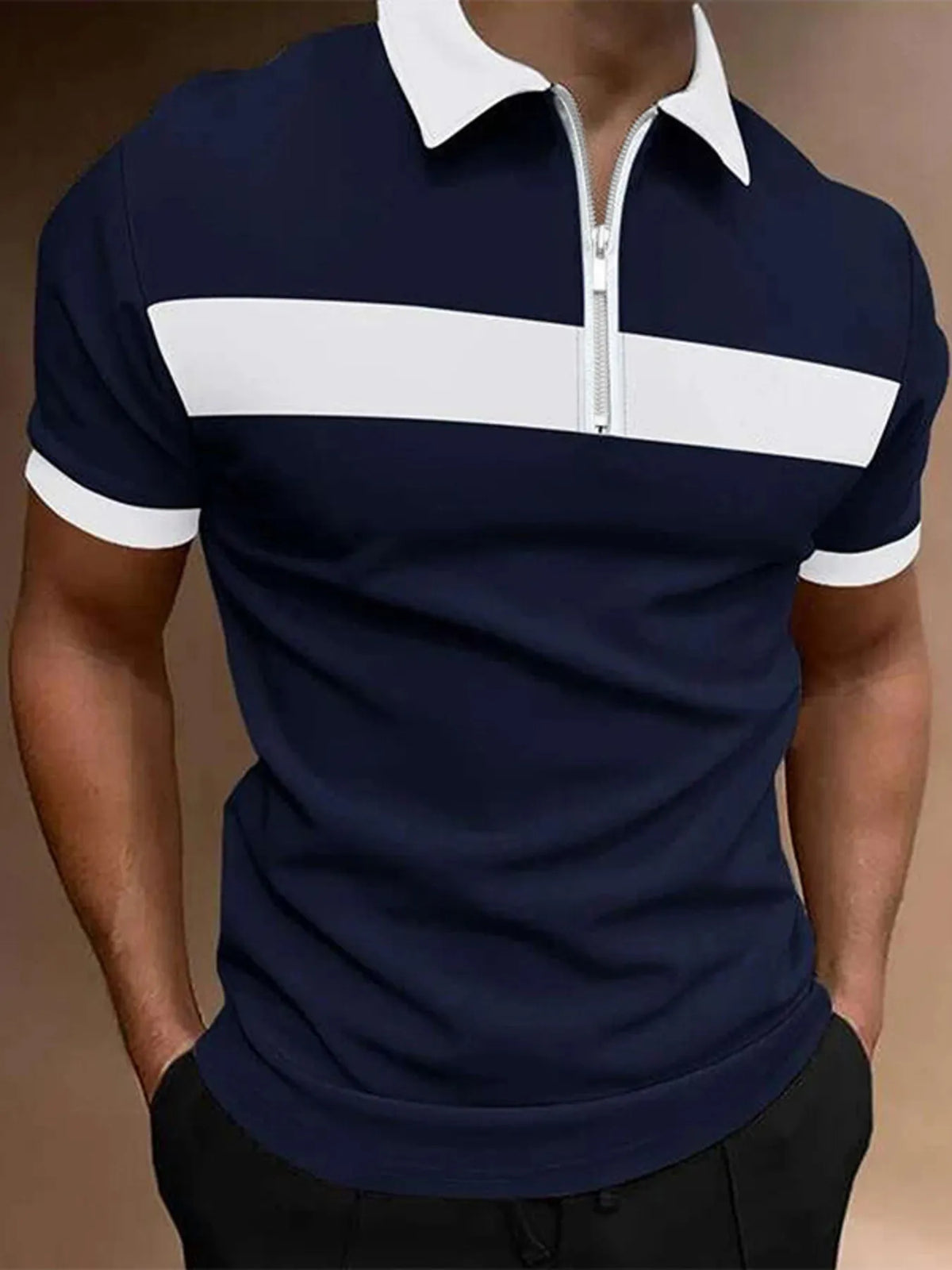 Men's Casual Color Block Zipper Polo Shirt - Burgundy