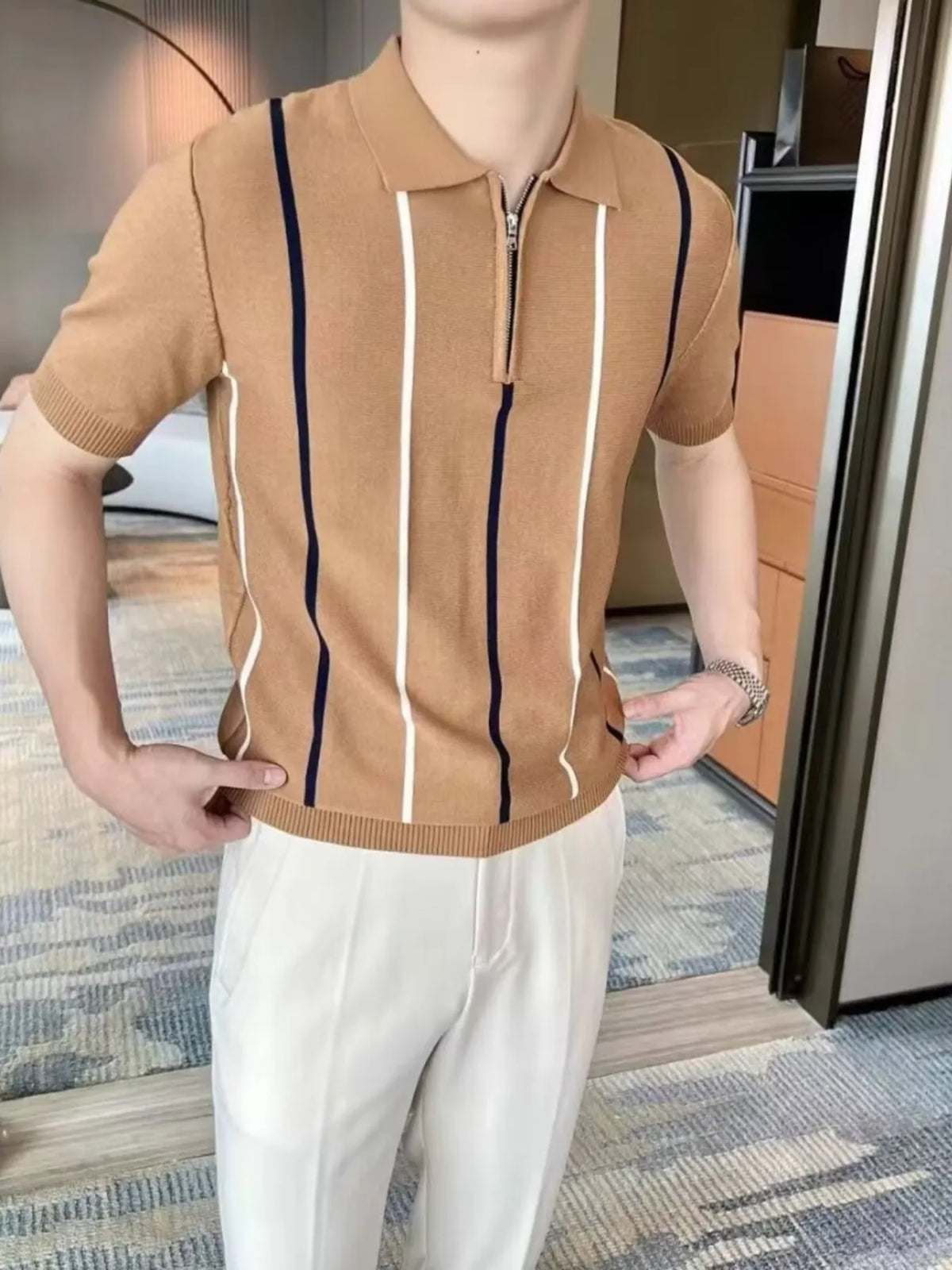 Men's Striped Zip Collar Short Sleeve Knit Polo Shirt - Blue
