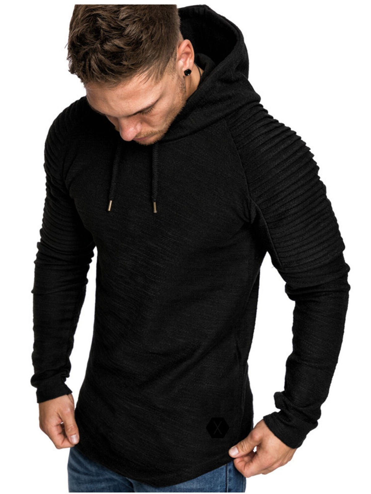 Men's Plus Size Slim Fit Ribbed Hoodie with Drawstring - DCDesigns mens casual hoodie product view
