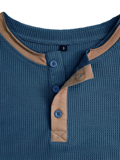 Men's Contrast Stitch Henley Polo Shirt - Peacock  Blue