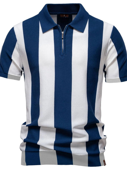 Men's Classic Striped Zip Collar Polo Shirt - Peacock  Blue