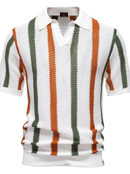 Men's Collared Neck Striped Knit Polo Shirt - White