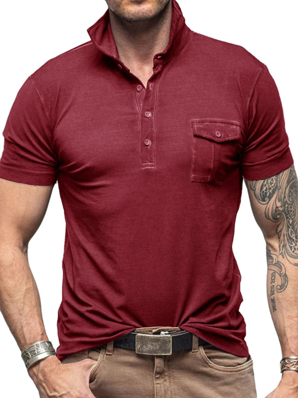 Men's Classic Pocket Polo Shirt with Stand Collar - White