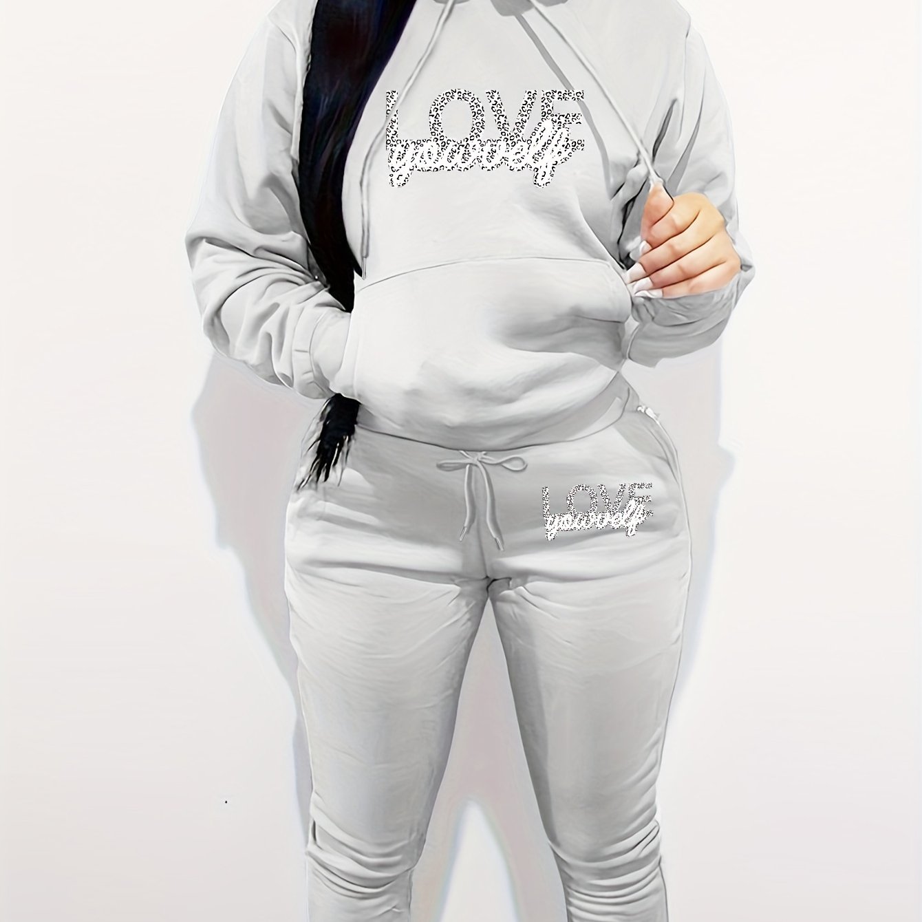 Women's Polyester Two-Piece Tracksuit - Hooded Long Sleeve Alphabet Print Hoodie and Pants Set with Pockets - Casual Knit Fabric - Autumn/Winter Outfit - For Women - Perfect for Casual Wear, Loungewear, and Running Errands -