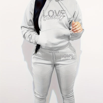 Women's Polyester Two-Piece Tracksuit - Hooded Long Sleeve Alphabet Print Hoodie and Pants Set with Pockets - Casual Knit Fabric - Autumn/Winter Outfit - For Women - Perfect for Casual Wear, Loungewear, and Running Errands -