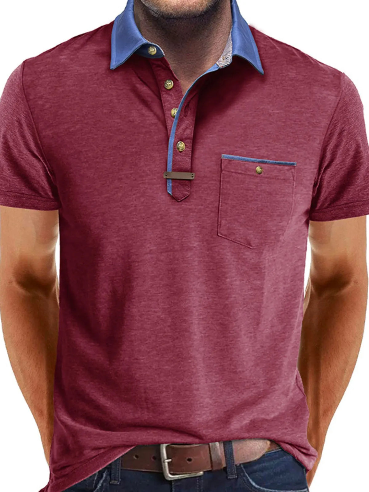 Men's Contrast Collar Pocket Polo Shirt - White