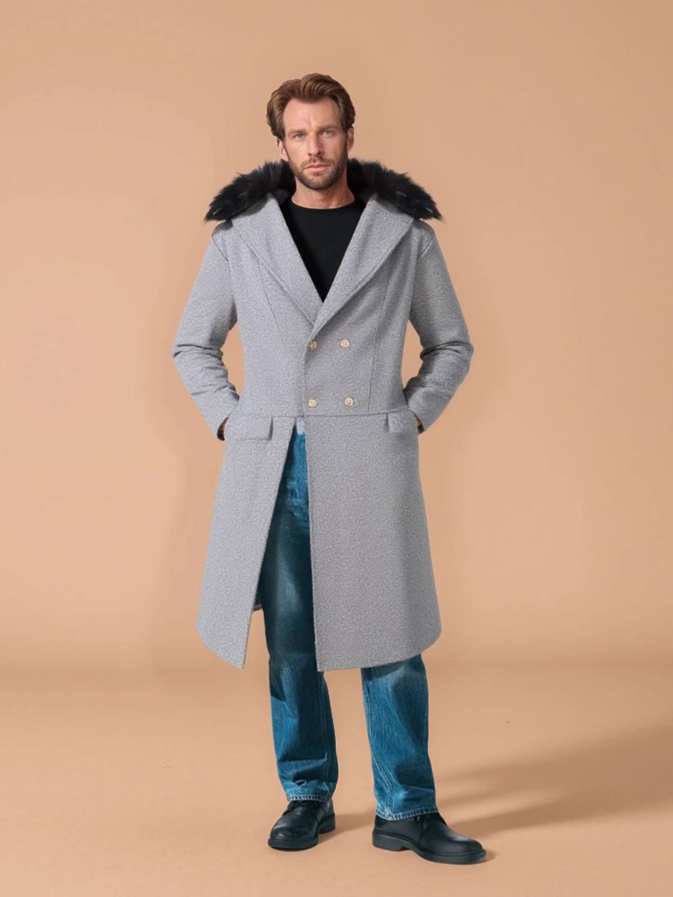 Men's Winter-Ready Slim-Fit Long Lapel Trench Coat with Plush Collar & Belt - Double-Breasted Notched Jacket, Golden-Tone Buttons, Heavy-Duty Cold Weather Outerwear for Formal & Casual (Maroon/Black) - Hand Wash/Dry Clean, Co