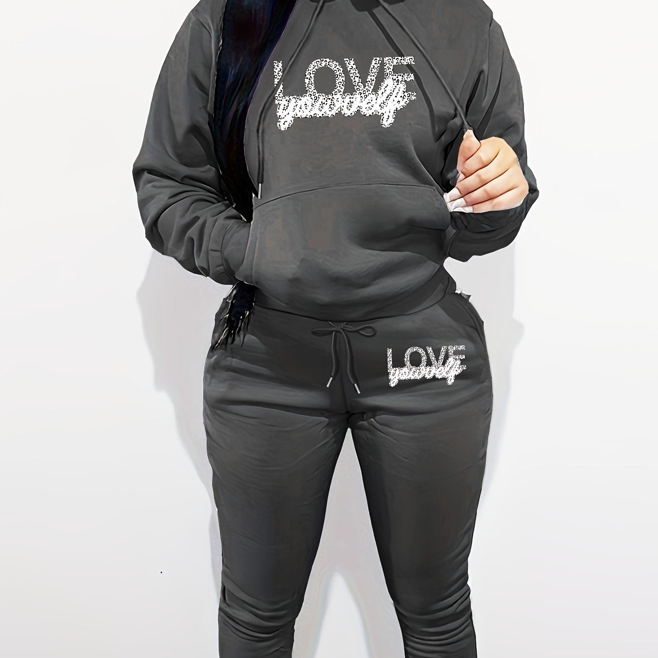 Women's Polyester Two-Piece Tracksuit - Hooded Long Sleeve Alphabet Print Hoodie and Pants Set with Pockets - Casual Knit Fabric - Autumn/Winter Outfit - For Women - Perfect for Casual Wear, Loungewear, and Running Errands -