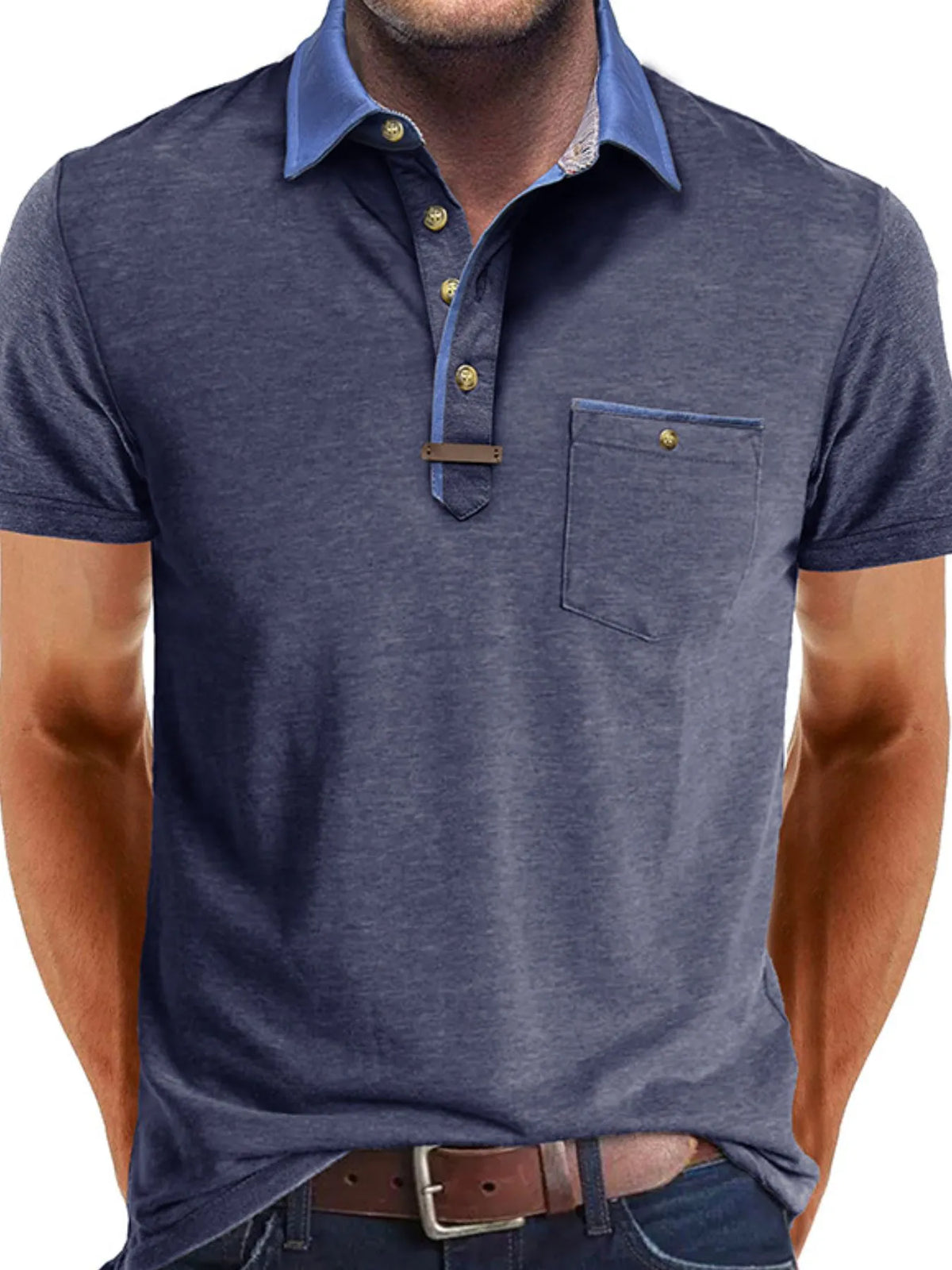 Men's Contrast Collar Pocket Polo Shirt - White