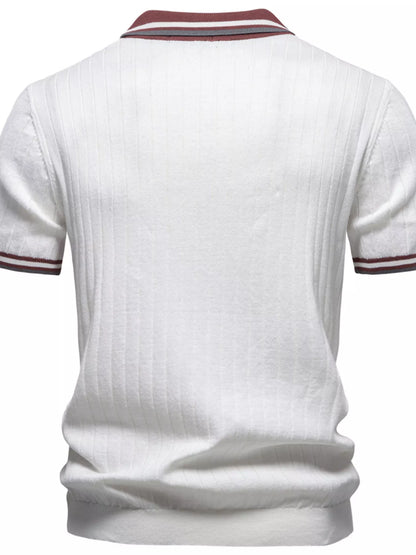 Men's Classic Ribbed Knit Short Sleeve Polo Shirt - Coffee