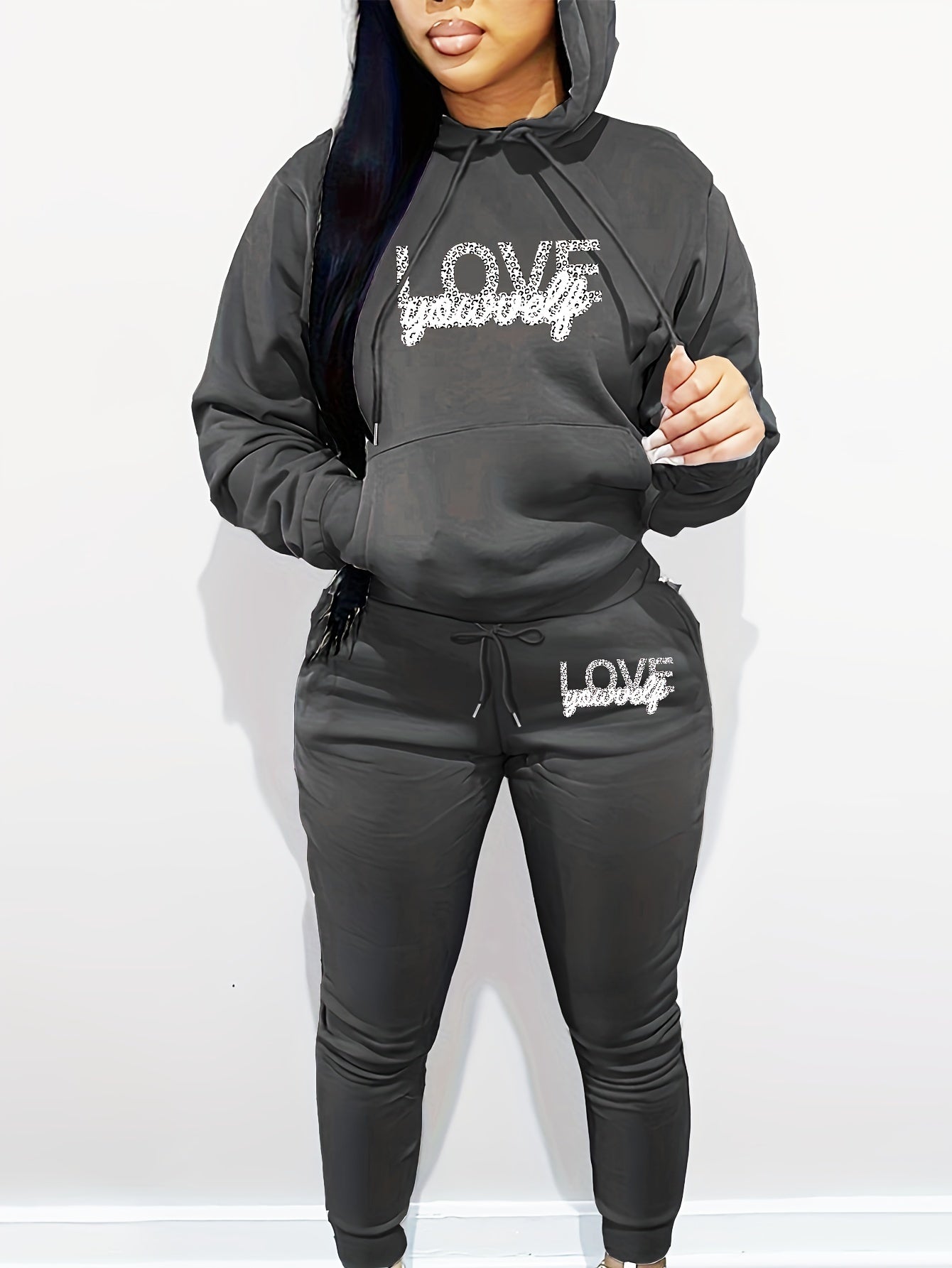 Women's Polyester Two-Piece Tracksuit - Hooded Long Sleeve Alphabet Print Hoodie and Pants Set with Pockets - Casual Knit Fabric - Autumn/Winter Outfit - For Women - Perfect for Casual Wear, Loungewear, and Running Errands -