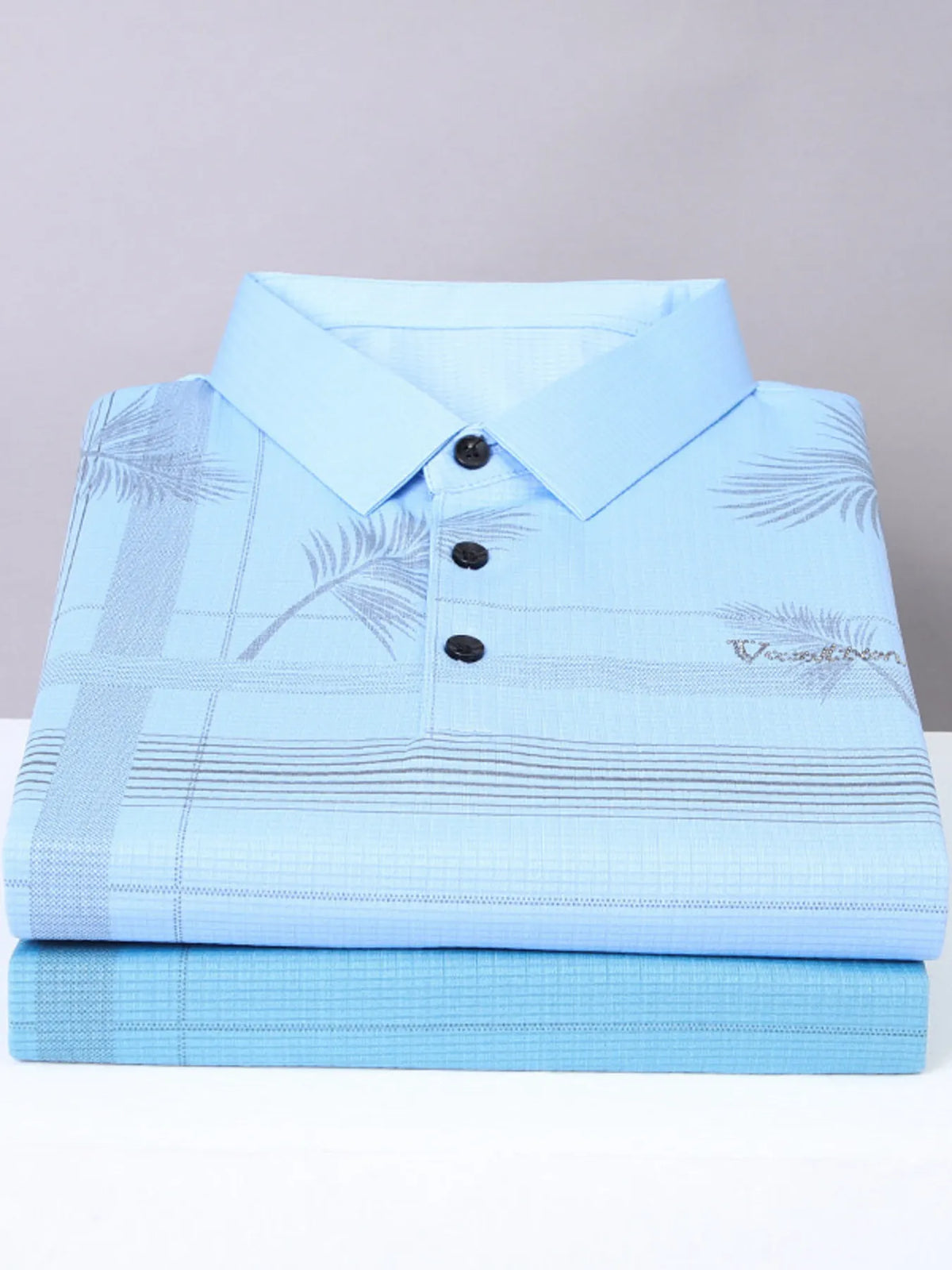 Men's Palm Leaf Print Short Sleeve Polo Shirt - Light Blue