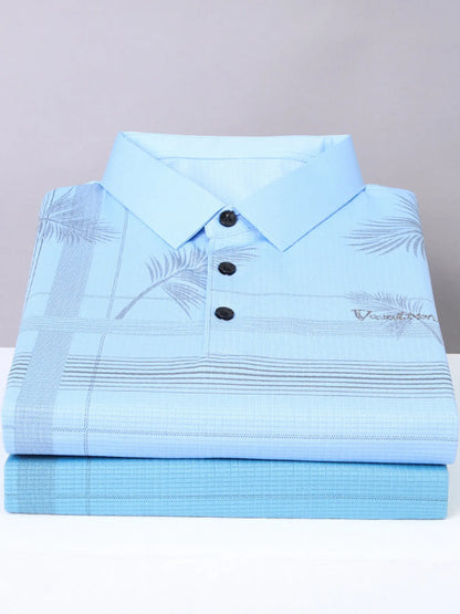 Men's Palm Leaf Print Short Sleeve Polo Shirt - Light Blue