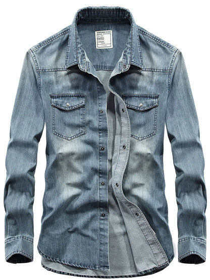 Men's Classic Washed Denim Shirt with Double Chest Pockets | DCDesigns
