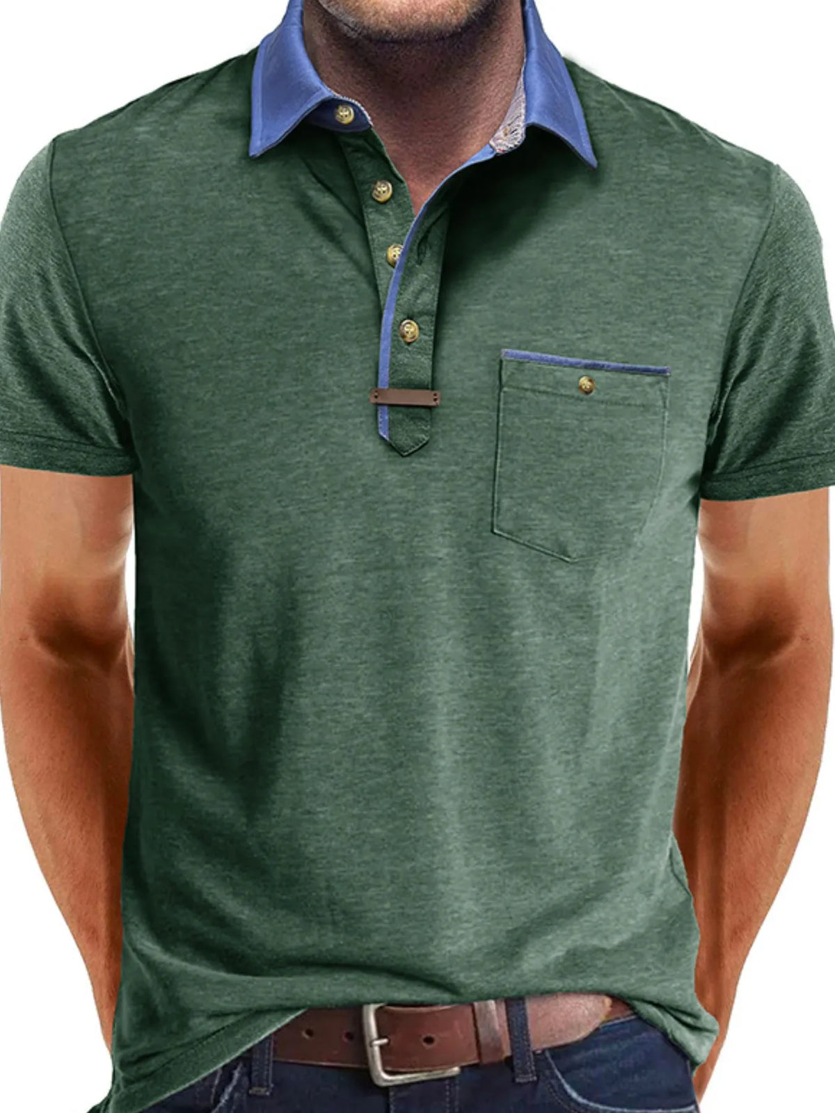 Men's Contrast Collar Pocket Polo Shirt - White
