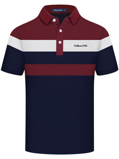 Men's Color Block Striped Short Sleeve Polo Shirt - Burgundy