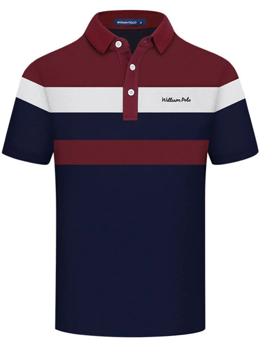 Men's Color Block Striped Short Sleeve Polo Shirt - Burgundy