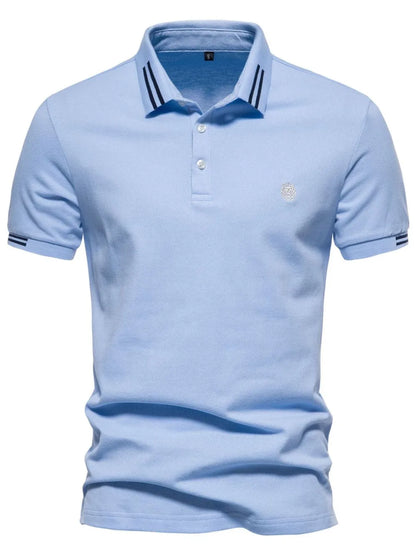 Men's Embroidered Striped Short Sleeve Polo Shirt - Light Blue