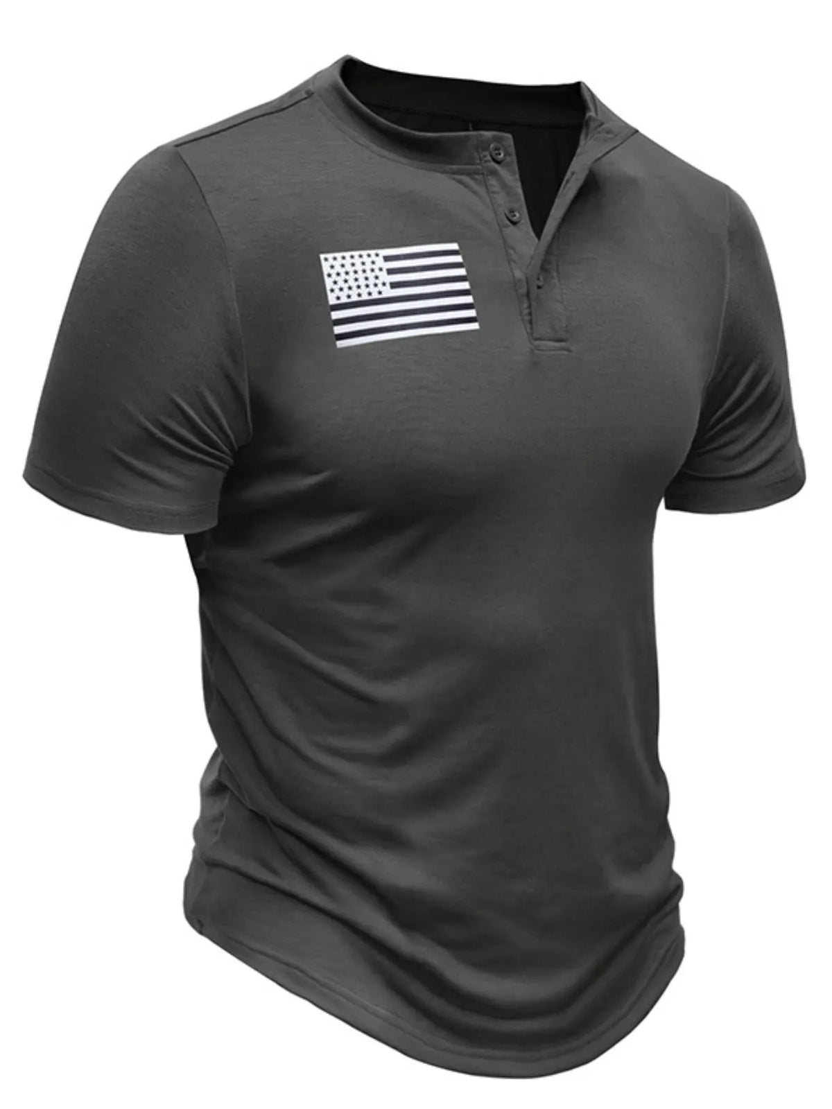 Men's American Flag Short Sleeve Henley Top - Dark Gray