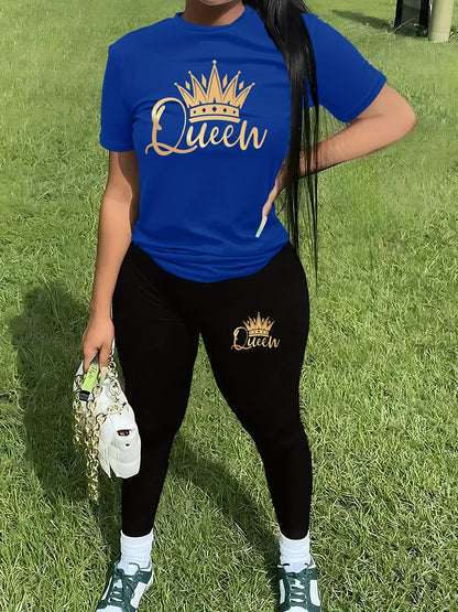 Two-Piece Crown “Queen” Print Set for Women