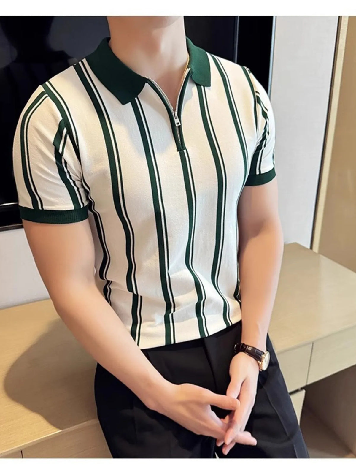 Men's Classic Striped Zip Collar Polo Shirt - Black