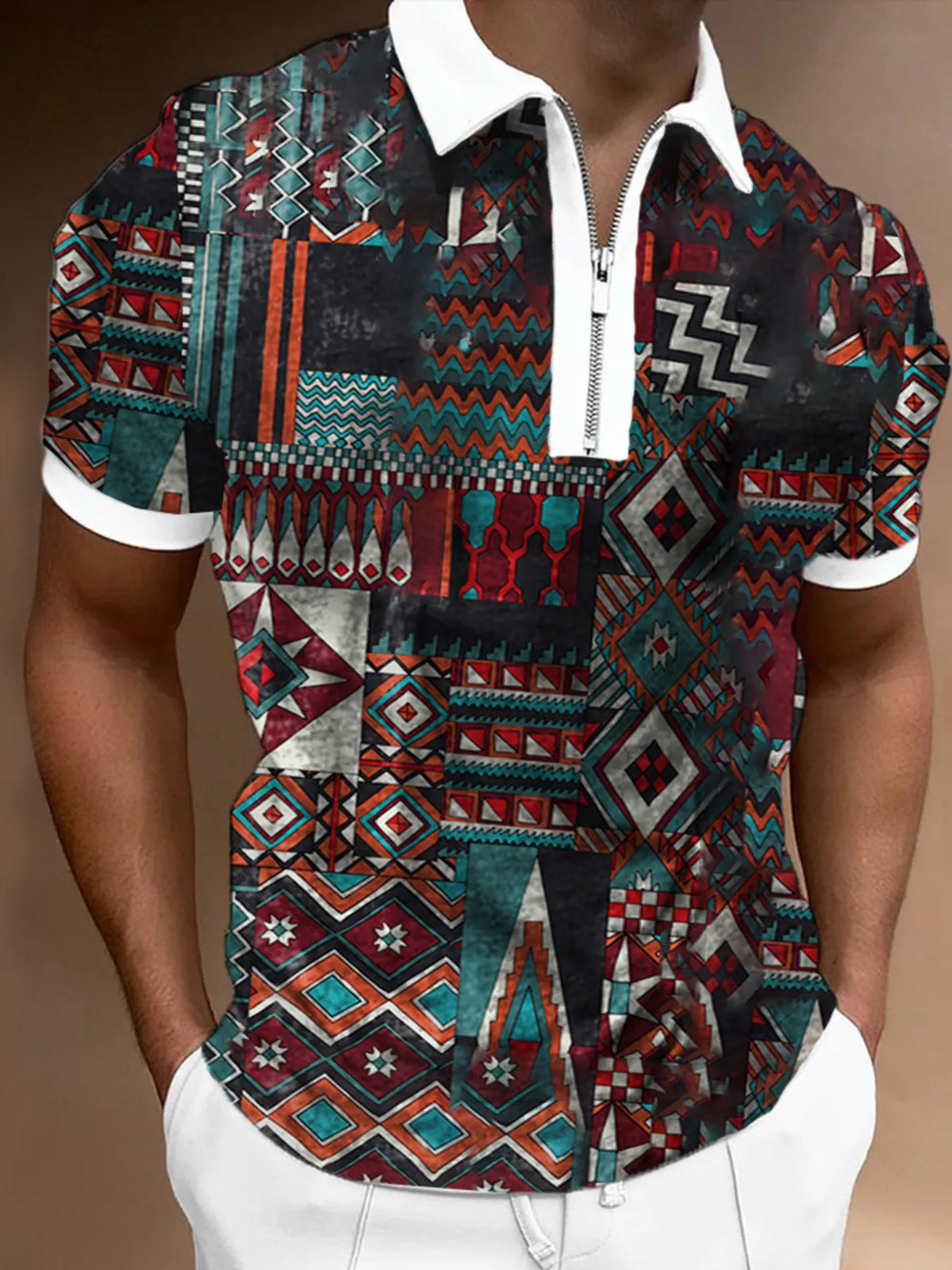 Men's Tropical Palm Tree Print Zipper Polo Shirt - Pastel  Blue