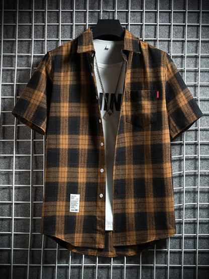 Men's Plaid Button-Up Short Sleeve Shirt | DCDesigns