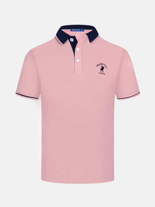 Men's Contrast Collar Short Sleeve Embroidered Polo Shirt - Dusty Pink