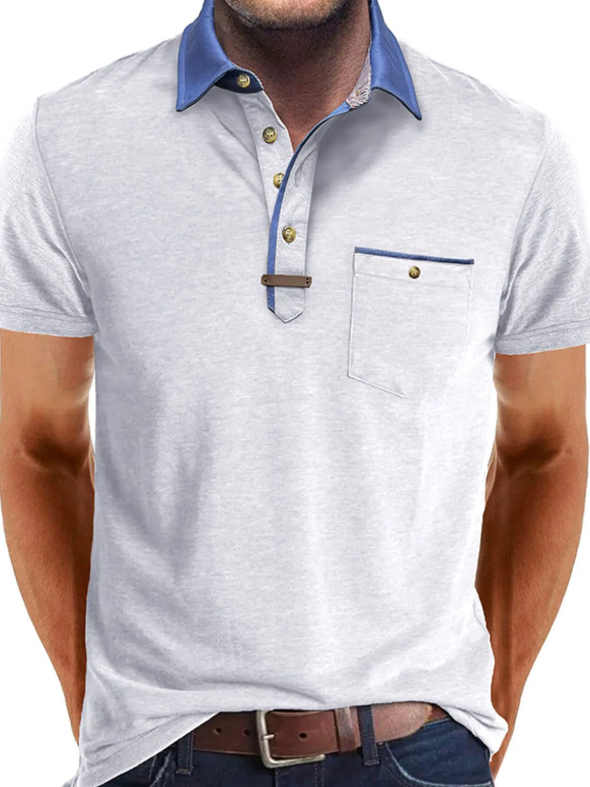 Men's Contrast Collar Pocket Polo Shirt - Gray