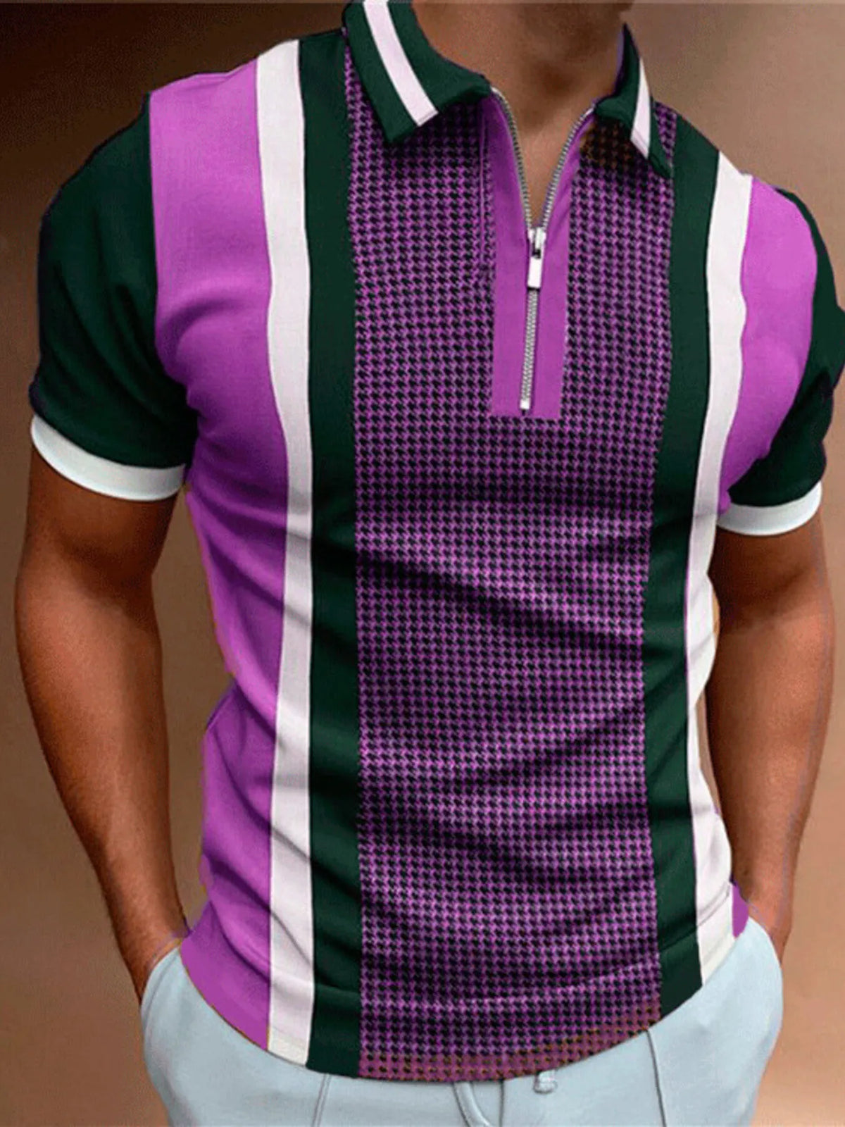 Men's Color Block Zipper Polo Shirt - Heliotrope Purple