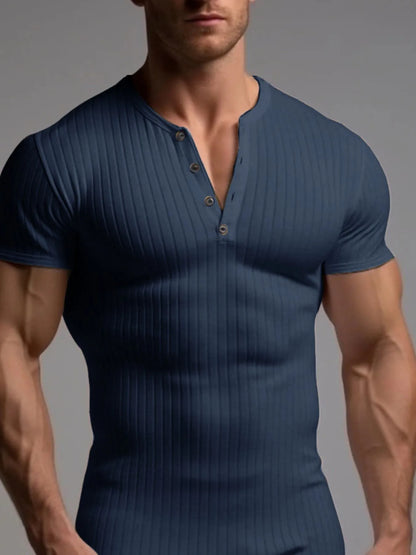 Men's Slim Fit Ribbed Henley Polo Shirt - Black