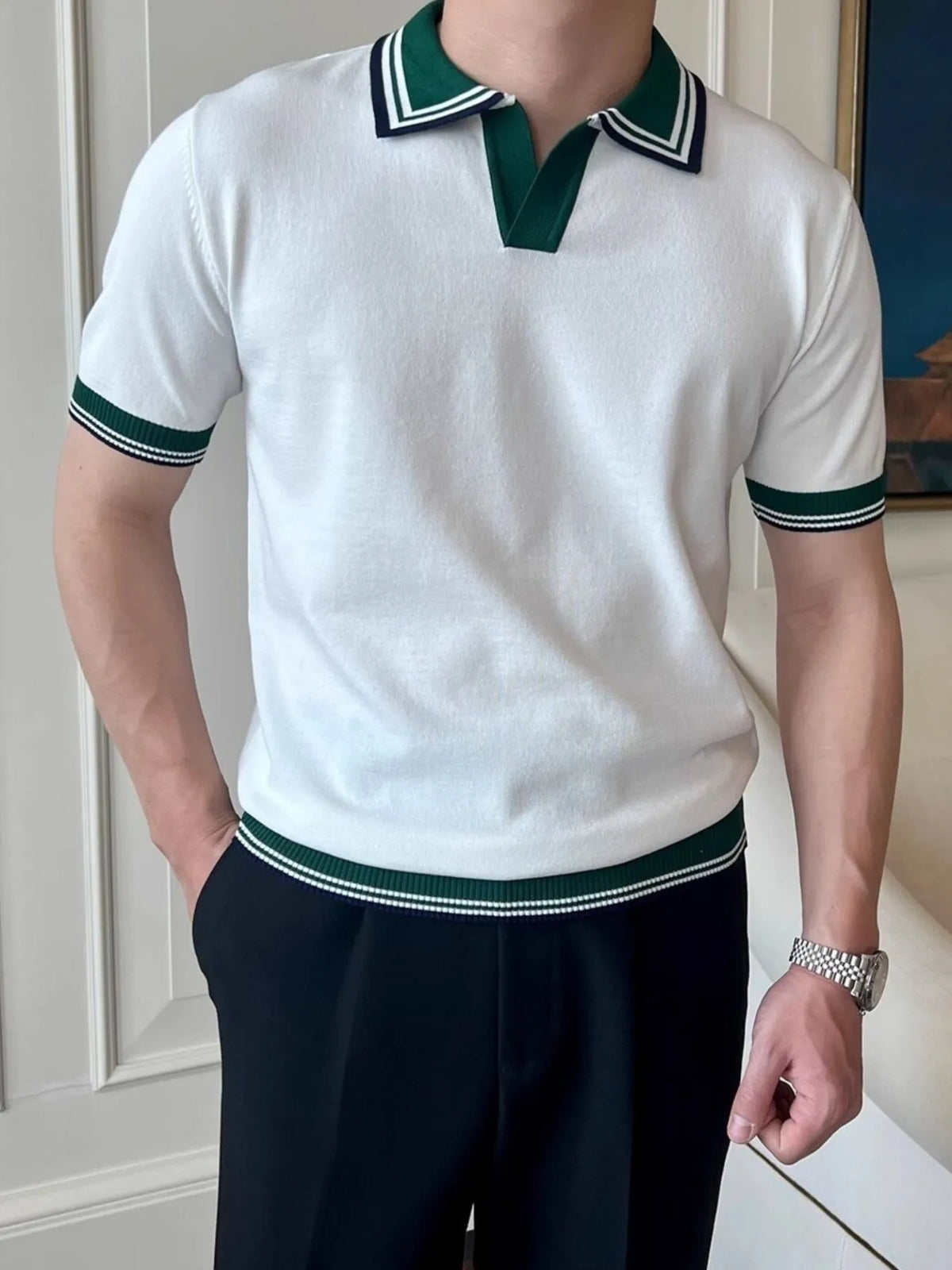 Men's Classic Striped Collar Knit Polo Shirt - White