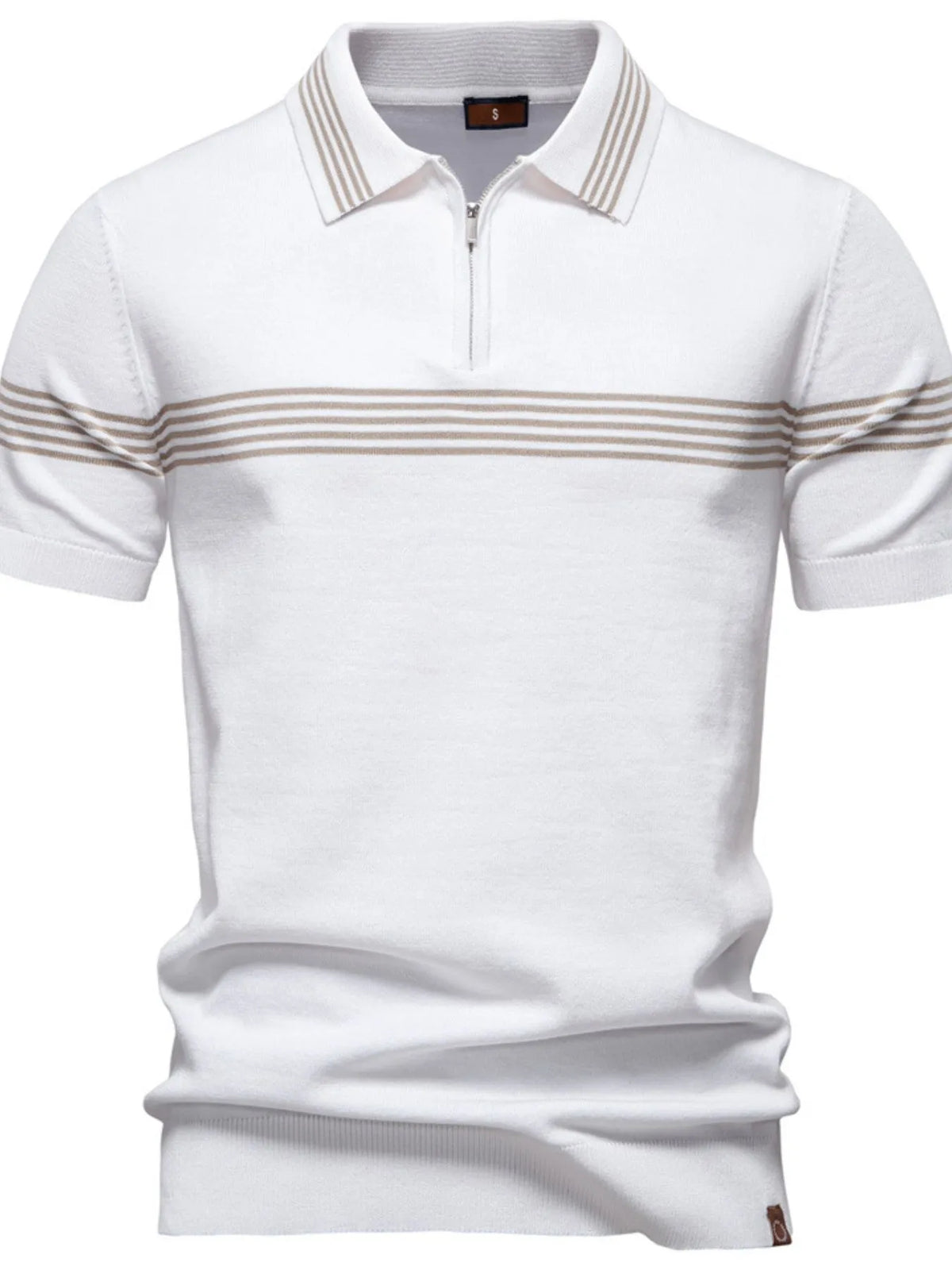 Men's Classic Striped Zip Collar Polo Shirt - White