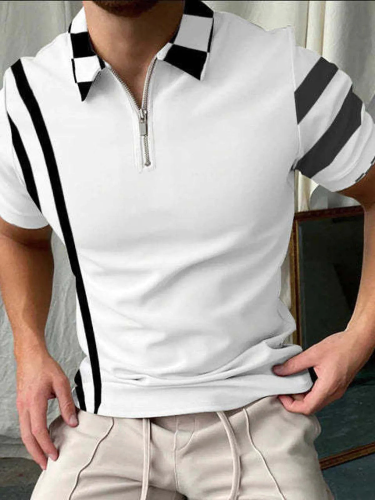 Men's Contrast Stripe Zipper Polo Shirt - White