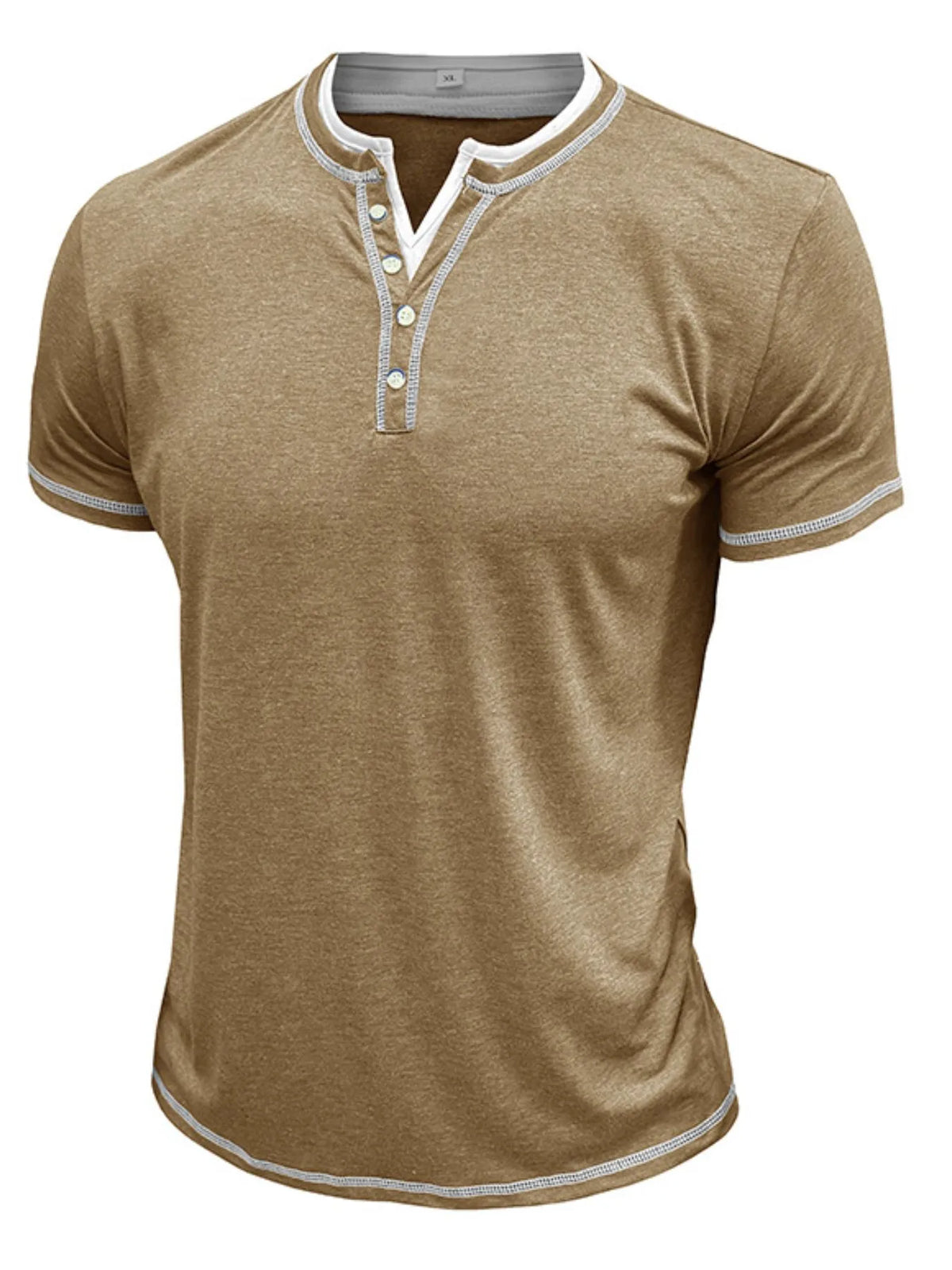 Men's Casual Henley Polo Shirt with Contrast Trim - Camel