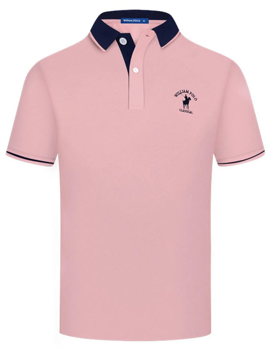 Men's Contrast Collar Short Sleeve Embroidered Polo Shirt - Dusty Pink