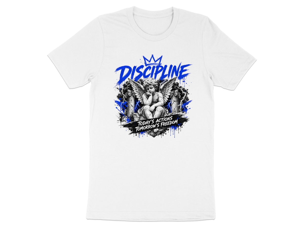 White t-shirt with a winged cherub graphic and "Discipline" text.
