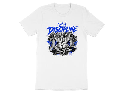 White t-shirt with a winged cherub graphic and "Discipline" text.